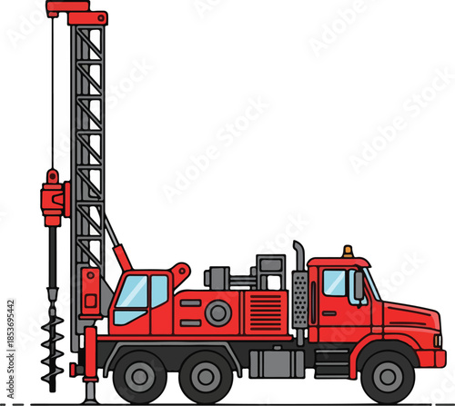 Vector Illustration of a Red Truck Mounted Drilling Rig for Construction and Geotechnical Work