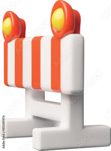 Road traffic barrier 3D plastic style icon, orange striped temporary fence with lamps for road repair, emergency works