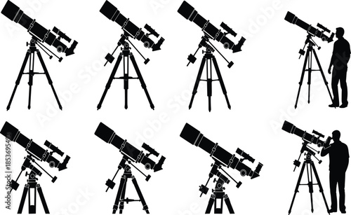 Astronomy telescope and observer silhouette collection in black and white, stargazing equipment with human figures for science design