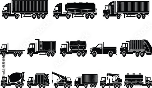 Commercial truck silhouette collection in black and white, cargo, tanker, dump, and utility vehicles for logistics and transportation design