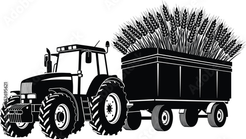 Farm tractor hauling grain trailer silhouette in black and white, agricultural harvest transportation illustration for farming and rural industry design
