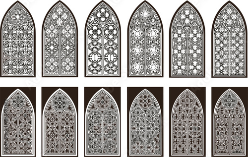 Gothic stained glass window patterns collection, ornate church and cathedral window designs with medieval decorative art details