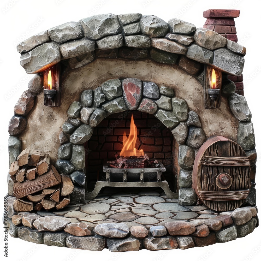Obraz premium Cozy stone fireplace burning with small wooden door and torches providing warm light