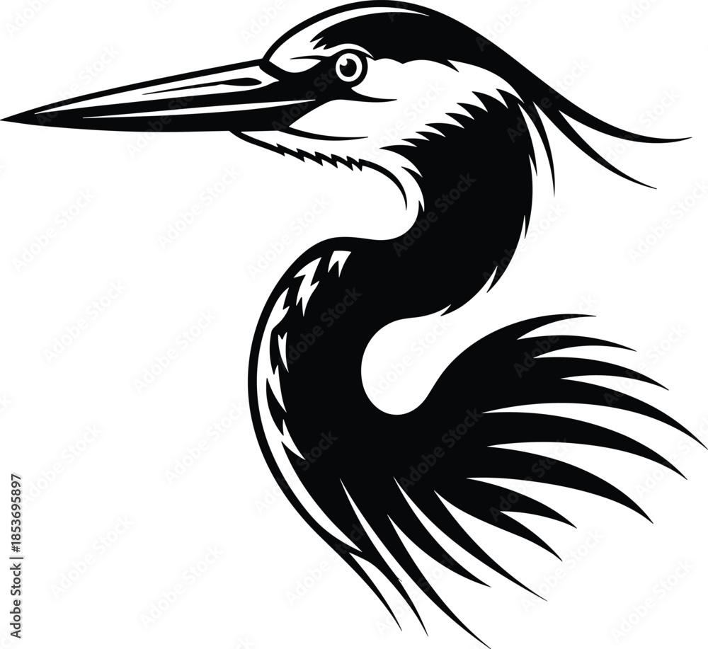 Fototapeta premium Stylized heron bird logo illustration in black and white, elegant crane silhouette vector design for branding and tattoo art