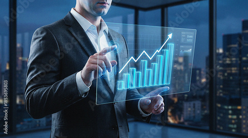 Businessman interacts with a cutting-edge holographic display, visualizing powerful growth data and financial charts for strategic business planning and future success