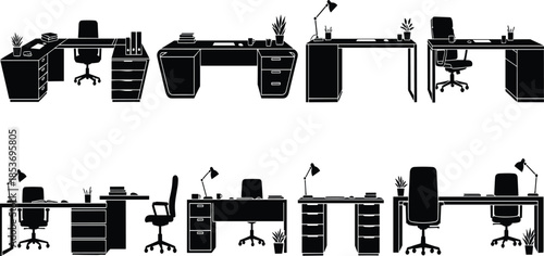 Office desk and workspace furniture silhouette collection in black and white, modern workplace setups with chairs, lamps, and storage
