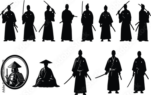 Samurai warrior silhouette collection in black and white, traditional Japanese swordsmen poses for history, martial arts, and culture design