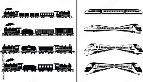 Steam and high speed train silhouette collection showing vintage locomotives and modern bullet trains for railway transportation design