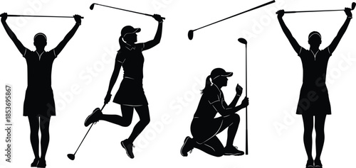 Vector set of black silhouettes of a female golfer in different poses celebrating victory and playing isolated on white background