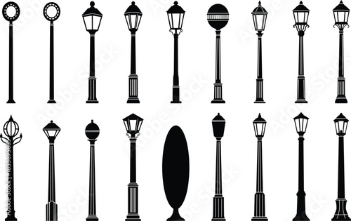 Street lamp silhouette collection in black and white, vintage and modern lamppost designs for urban lighting illustration and icon sets
