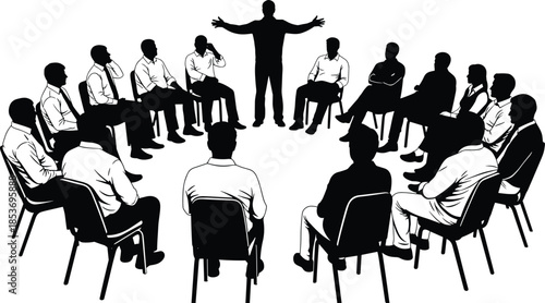 Vector silhouette of a group meeting with men sitting in a circle and a leader standing with open arms