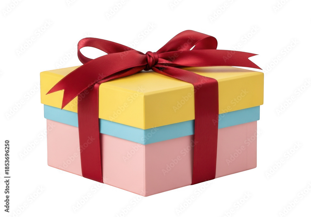 Fototapeta premium Colorful gift box with a bright red satin ribbon and bow, isolated on transparent background for celebration and surprise concepts