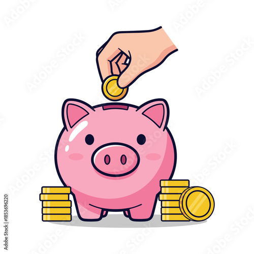 Cute Piggy Bank Savings Illustration with Hand Putting Coin – Financial Saving Concept Vector
