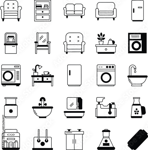 Collection of household furniture and appliance icons