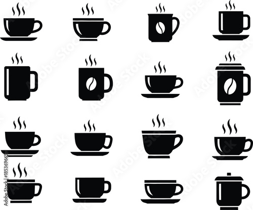 A collection of steaming coffee cups and mugs in various shapes and sizes