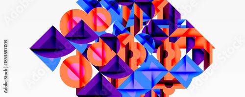 Abstract geometric shapes, vibrant colors, blue, purple, orange. Modern design, dynamic composition, clean lines, digital art.