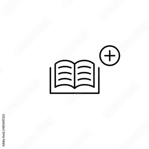 Open book and plus. Reading habit, knowledge gain. New addition to library. Pixel perfect, editable stroke vector icon