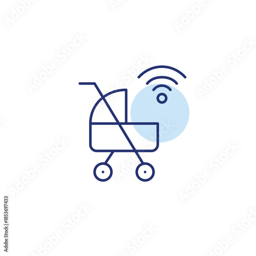 Baby stroller and wi-fi. GPS tracking, smart mobility. Pixel perfect, editable stroke vector icon