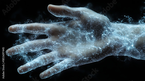 Palms pressed together with visible energy flow tracing down the arms and torso 