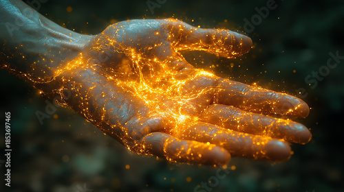 Palms pressed together with visible energy flow tracing down the arms and torso 