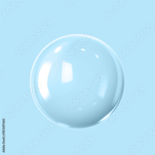 A 3D glass sphere on a blue isolated background with highlights.