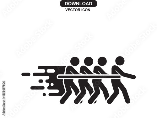 A black and white vector illustration depicts a team of four figures engaged in a tug of war competition with