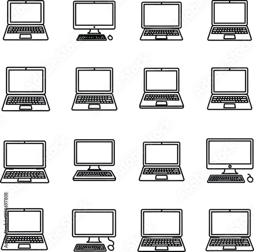 A collection of various laptop computer illustrations in black and white