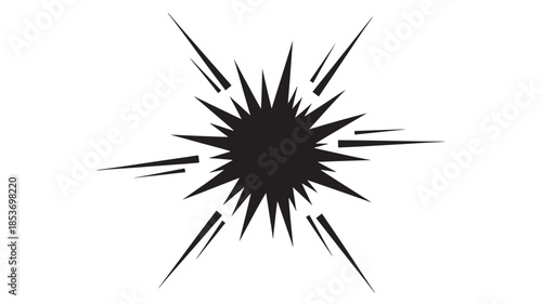 A striking black starburst graphic with sharp radiating spikes against a clean white background conveying impact and energy