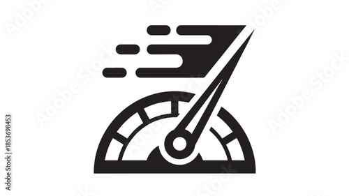 A simple black and white icon depicting a speedometer with a speed indicator pointing towards the right suggesting high velocity