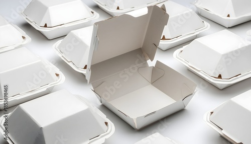 Open white cardboard burger box on a clean studio backdrop. Minimal fast-food packaging mockup for branding, labels, and product design; blank, recyclable paperboard clamshell for takeout and delivery