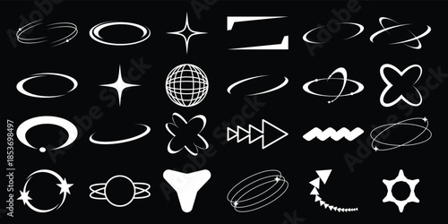Collection of abstract white graphic elements and icons on a black background