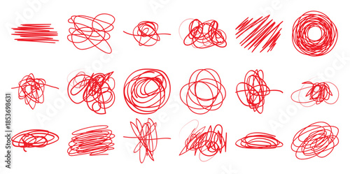 Collection of Red Scribble and Doodle Line Art Elements on White Background