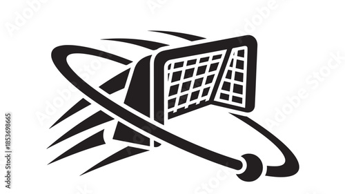 A striking black and white illustration depicts a hockey goal with a stick suggesting dynamic movement and sporting action