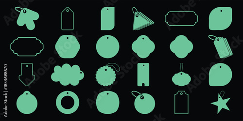 Collection of various shaped gift tags and labels on a black background