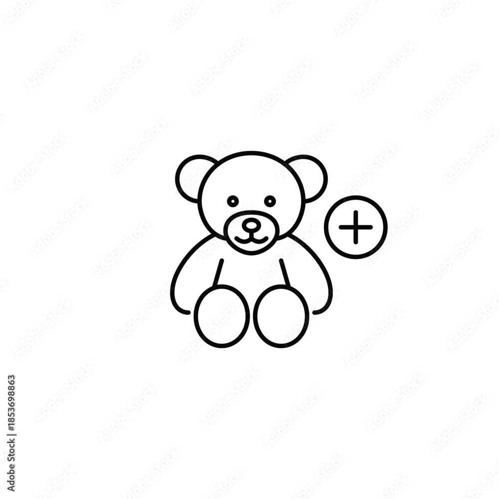 Fototapeta premium Child present. Stuffed bear and plus symbol. New children toys and care. Pixel perfect, editable stroke vector icon