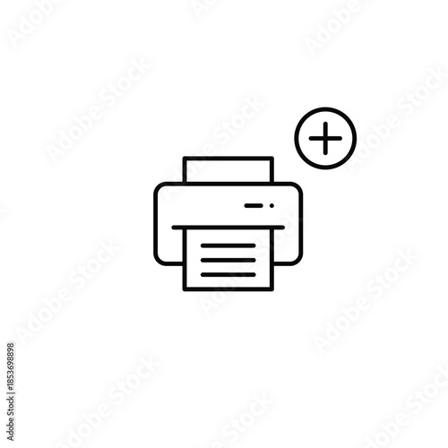 New print, document create, office task. Printer and plus sign. Pixel perfect, editable stroke vector icon