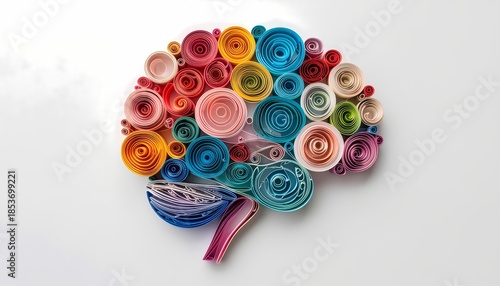 Colorful quilling artwork of a human brain formed from rolled paper strips—coils and spirals with rich texture on a clean white backdrop. Handmade craft for creative education, psychology, and design.