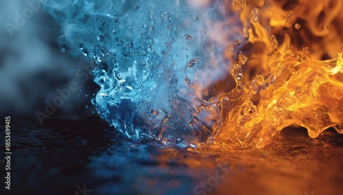 Intense clash of vibrant orange flames and cool blue water splashes
