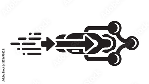 A stylized black and white illustration depicts a speeding motorcycle with a prominent arrow representing motion and velocity