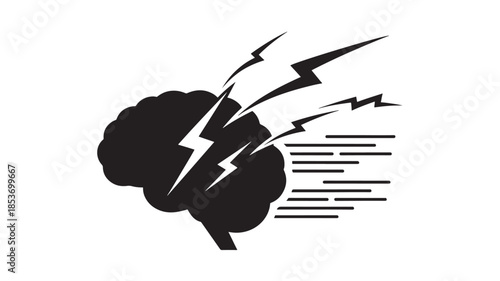 a black and white illustration depicts a brain with jagged lightning bolts striking it symbolizing a powerful idea or mental