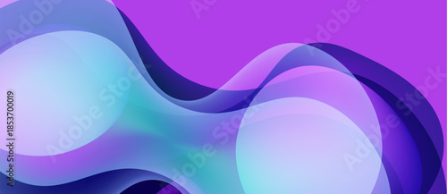 Abstract fluid shapes, purple hues blend with turquoise. Soft gradients create dynamic, flowing composition. Modern design element.