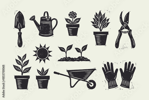 Essential Gardening Tools and Plants Vector Icons in Retro Woodcut Style
