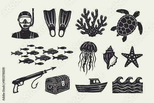 Vintage Woodcut Ocean Icons Set: Diving, Marine Life, Nautical, and Sea Adventure Elements