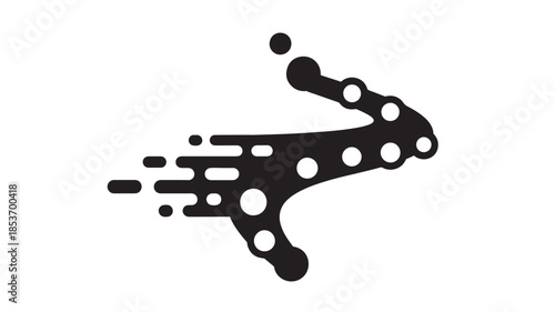 a stylized black and white graphic illustration depicts a dynamic flowing shape resembling a liquid or energy burst with circular