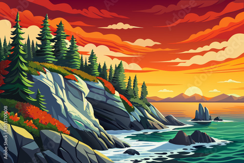 cold northern coastline features pine trees near the sea, combining evergreen vegetation with rocky shores and deep ocean tones