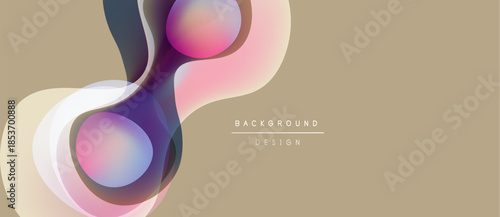 Abstract shapes overlap, creating dynamic visual effect. Soft gradients blend purple, pink, white hues on beige backdrop. Modern design element.