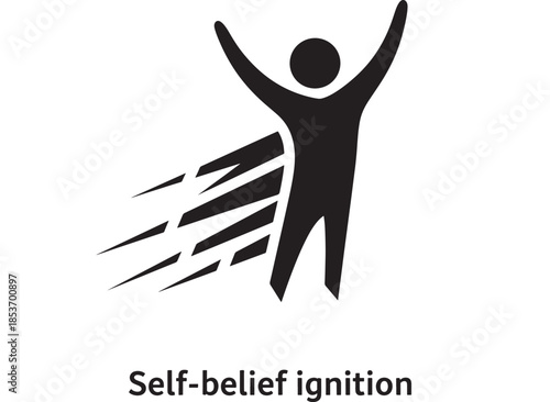 A stylized black silhouette depicts a person leaping forward with arms raised in a gesture of triumphant success and energetic