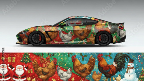 A sports car with a unique Christmas-themed wrap featuring chickens, Santa, and snowmen.