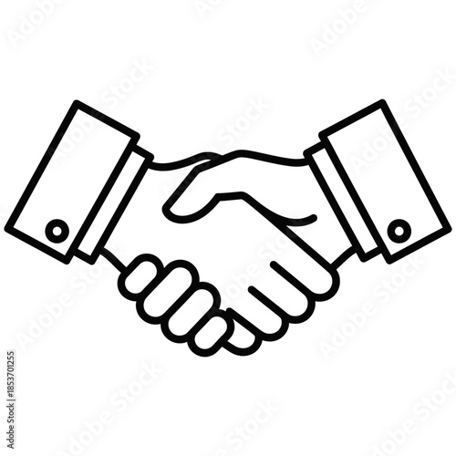 Two hands shaking in a handshake gesture, representing agreement, partnership, success, and unity in a clean, minimalist line art iconographic style, perfect for business concepts