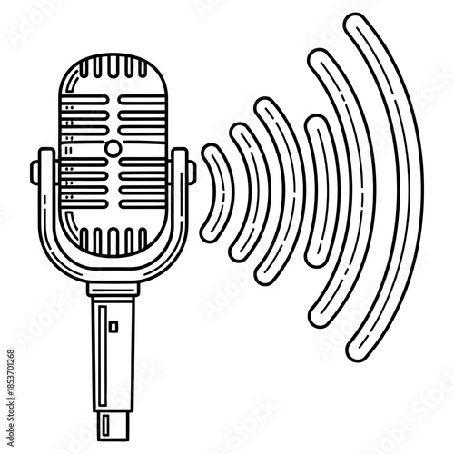 Classic studio microphone icon emitting sound waves, symbolizing audio recording, live broadcasting, podcasting, voice communication, and radio transmission for media production